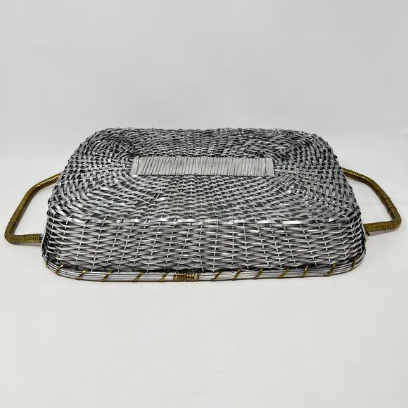 Vintage Mid Century Casserole Holder Woven Aluminum Brass Table Serving Basket - Picture 14 of 15